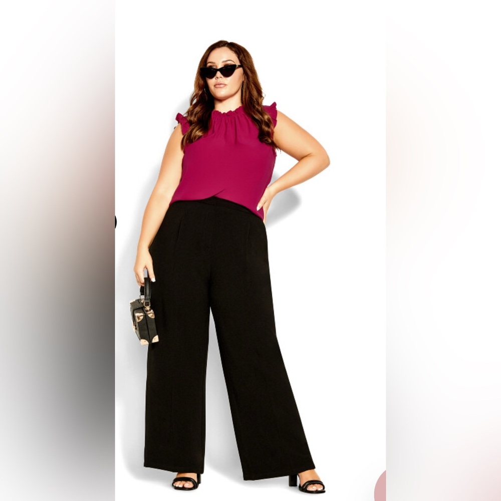 City Chic Lipstick Pink Ruffle Neck/Flutter Shoulder Detail Button Closure Back